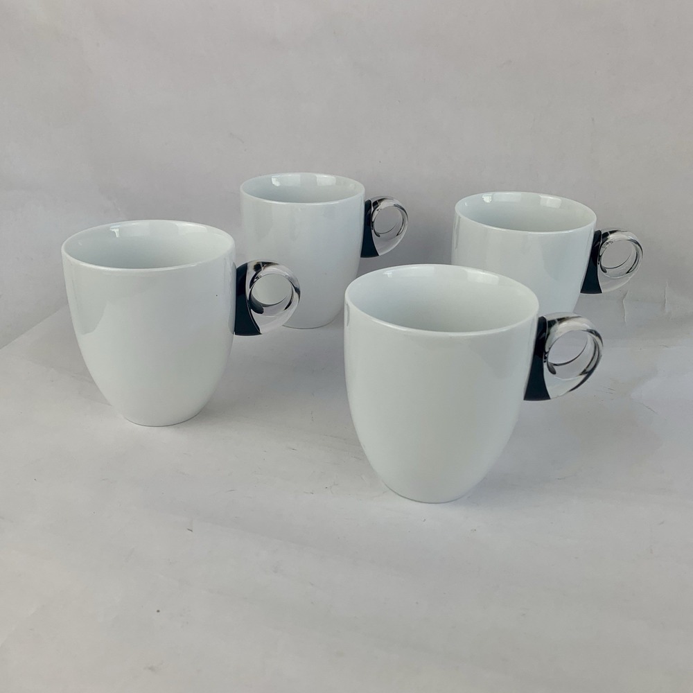 GUZZINI Feeling Mugs Porcelain Black Acrylic Handle Set x 4 Coffee Cup Italy Mod